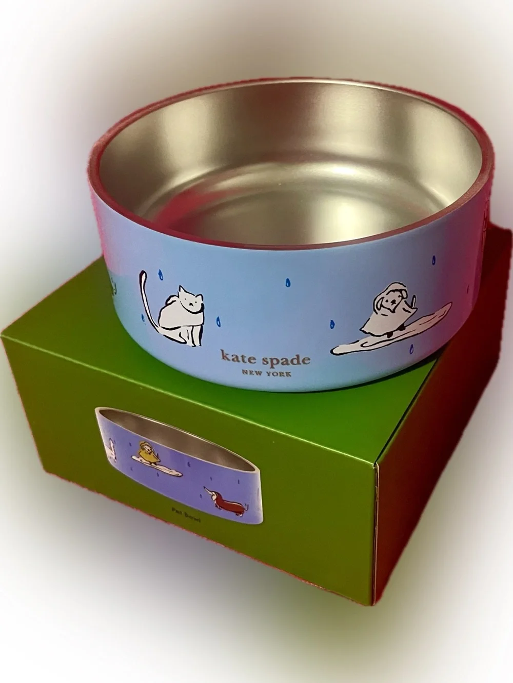 kate spade Blue and Gold Raining Cats & Dogs Pet Bowl